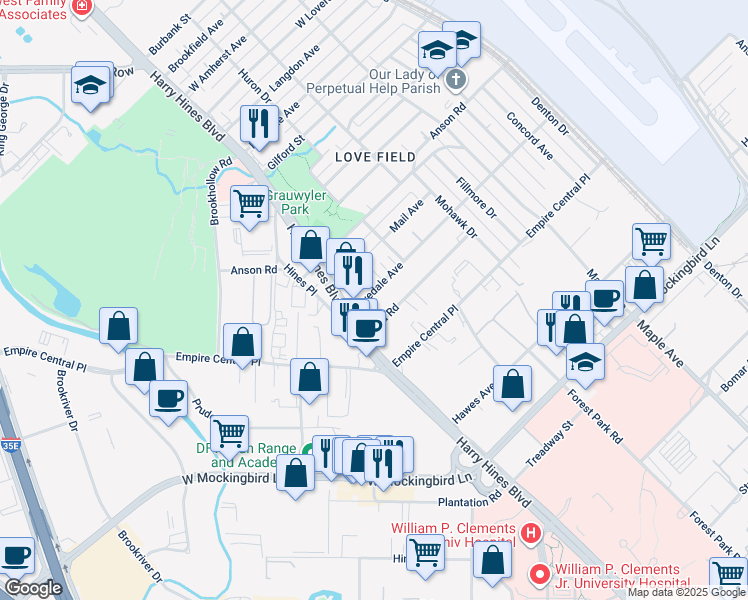 map of restaurants, bars, coffee shops, grocery stores, and more near 2142 Lovedale Avenue in Dallas