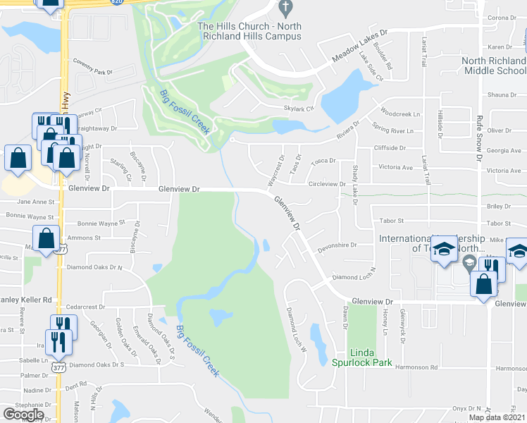 map of restaurants, bars, coffee shops, grocery stores, and more near 6100 Glenview Drive in Haltom City