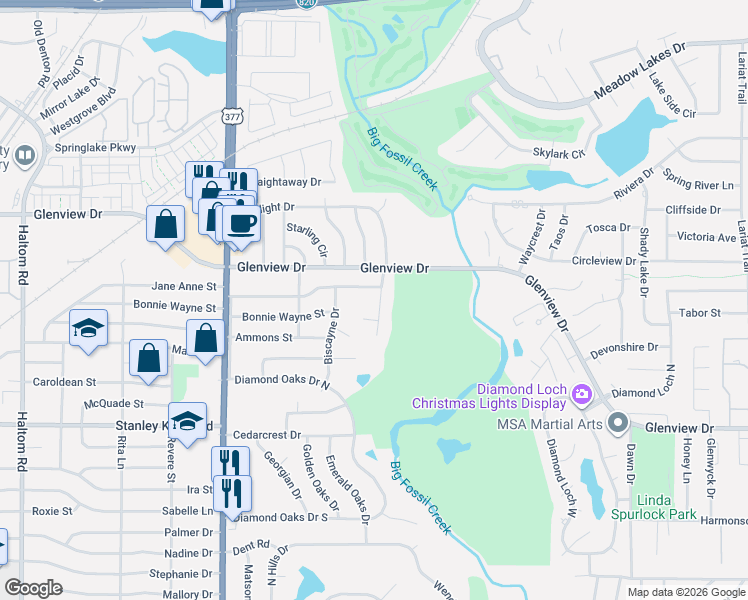 map of restaurants, bars, coffee shops, grocery stores, and more near 5820 Jane Anne Street in Haltom City