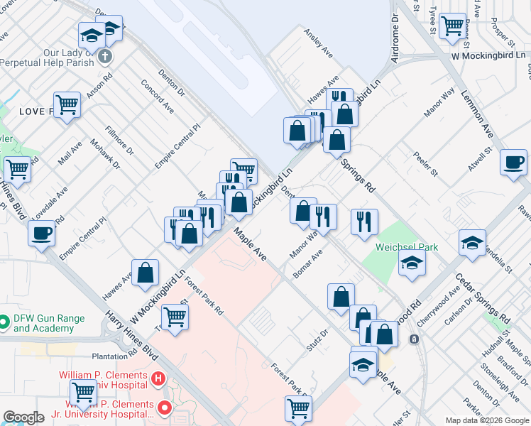 map of restaurants, bars, coffee shops, grocery stores, and more near 2622 Fielder Court in Dallas