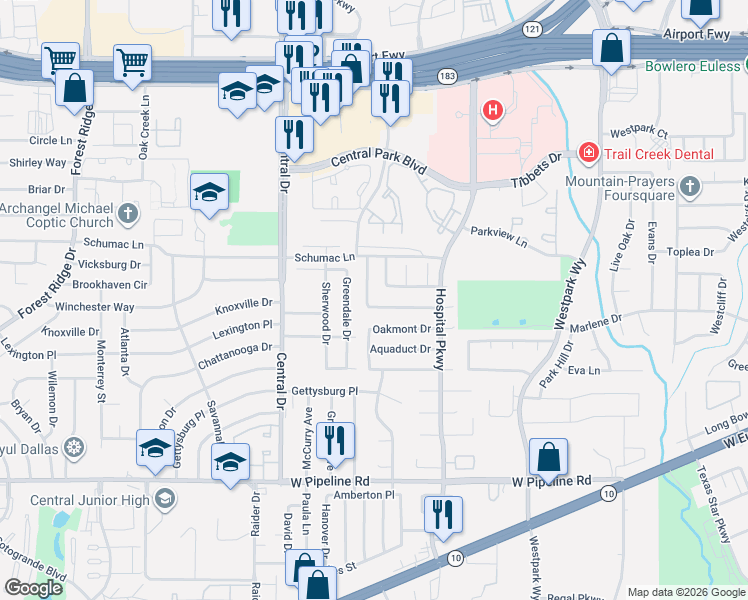 map of restaurants, bars, coffee shops, grocery stores, and more near 1120 Highpoint Road in Bedford