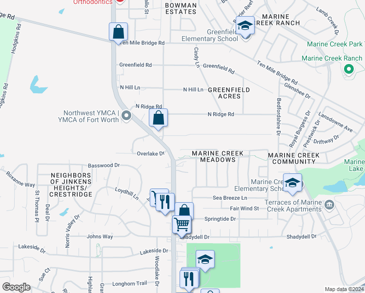 map of restaurants, bars, coffee shops, grocery stores, and more near 6024 Portridge Drive in Fort Worth