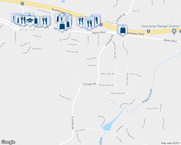 map of restaurants, bars, coffee shops, grocery stores, and more near 2812 South Grade Road in Alpine