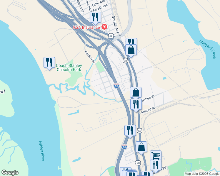 map of restaurants, bars, coffee shops, grocery stores, and more near 1843 Doscher Avenue in Charleston