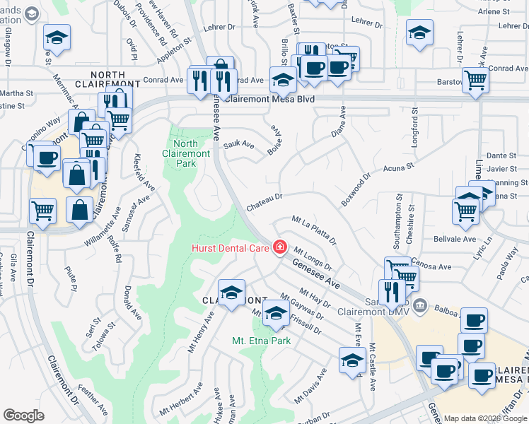 map of restaurants, bars, coffee shops, grocery stores, and more near 4595 Chateau Drive in San Diego