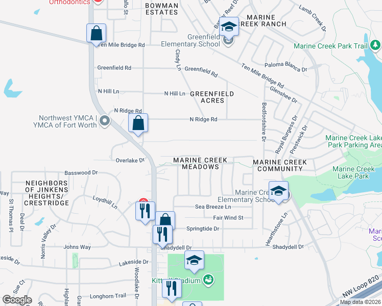 map of restaurants, bars, coffee shops, grocery stores, and more near 5916 Portridge Drive in Fort Worth