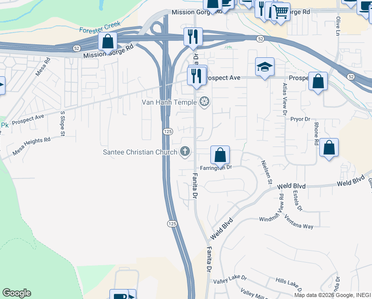 map of restaurants, bars, coffee shops, grocery stores, and more near 8420 Fanita Drive in Santee