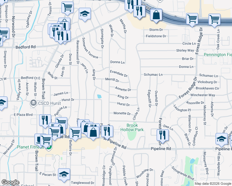 map of restaurants, bars, coffee shops, grocery stores, and more near 608 Annette Drive in Bedford