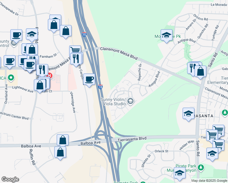 map of restaurants, bars, coffee shops, grocery stores, and more near 5358 Caminito Velasquez in San Diego