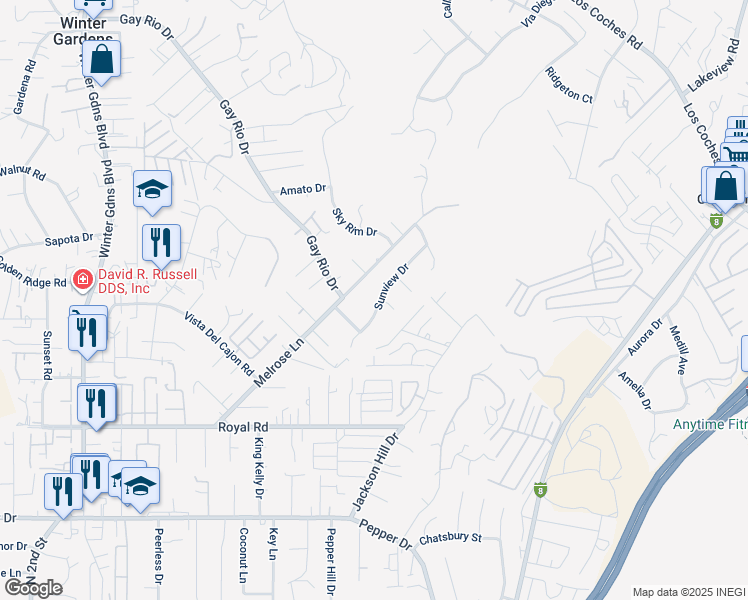 map of restaurants, bars, coffee shops, grocery stores, and more near 8404 Sunview Drive in El Cajon