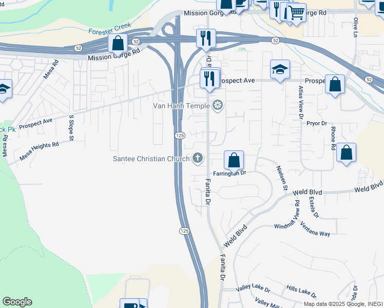 map of restaurants, bars, coffee shops, grocery stores, and more near 8436 Fanita Drive in Santee