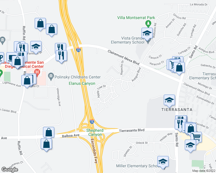 map of restaurants, bars, coffee shops, grocery stores, and more near 9868 Rimpark Way in San Diego