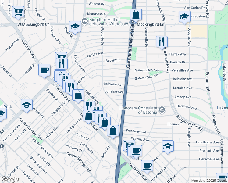 map of restaurants, bars, coffee shops, grocery stores, and more near Lorraine Avenue in Dallas