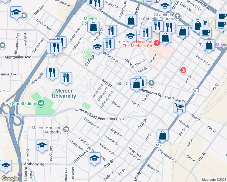 map of restaurants, bars, coffee shops, grocery stores, and more near 1304 Calhoun Street Lane in Macon