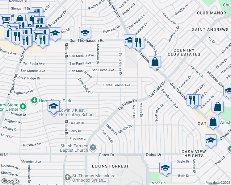 map of restaurants, bars, coffee shops, grocery stores, and more near 3217 Crest Ridge Drive in Dallas
