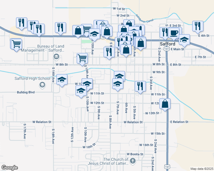 map of restaurants, bars, coffee shops, grocery stores, and more near 999 South 8th Avenue in Safford