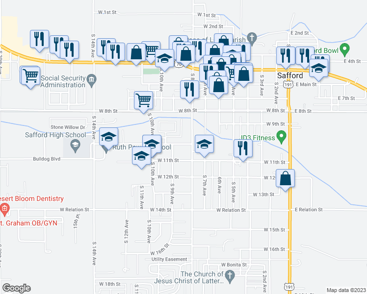 map of restaurants, bars, coffee shops, grocery stores, and more near 816 West 10th Street in Safford