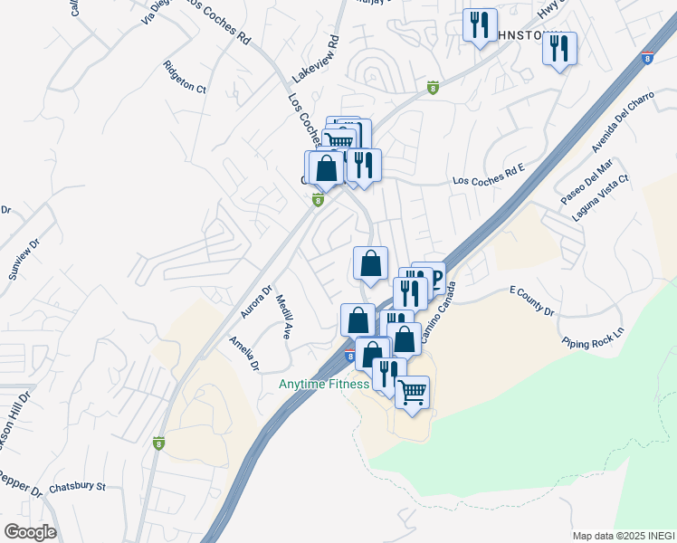 map of restaurants, bars, coffee shops, grocery stores, and more near 13217 Aurora Drive in El Cajon