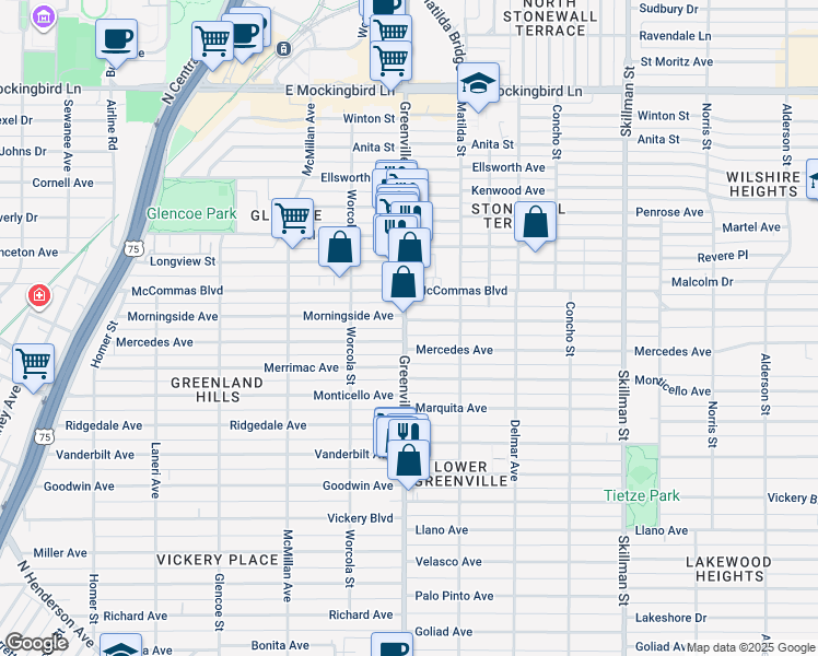 map of restaurants, bars, coffee shops, grocery stores, and more near 5717 Morningside Avenue in Dallas