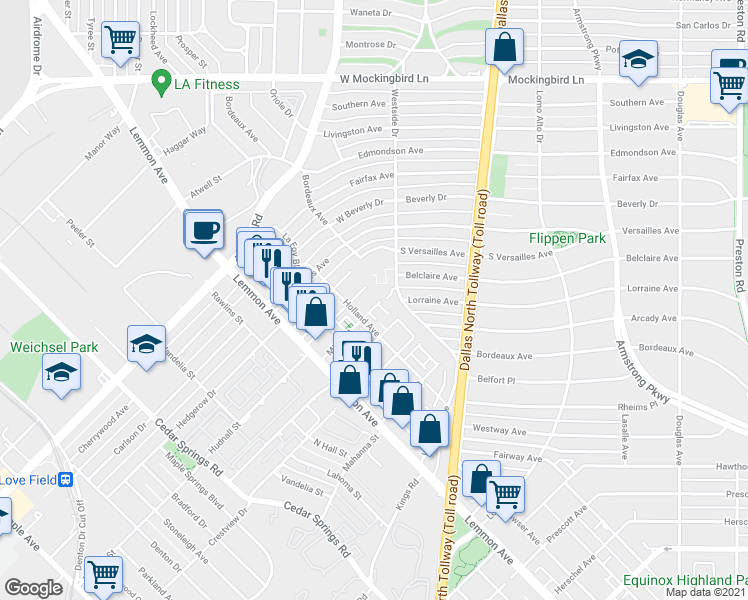 map of restaurants, bars, coffee shops, grocery stores, and more near 3718 Dorothy Avenue in Dallas