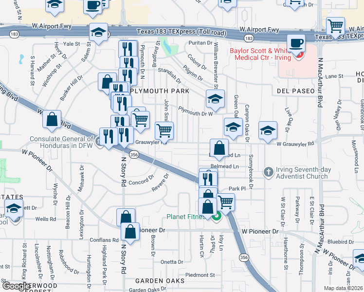 map of restaurants, bars, coffee shops, grocery stores, and more near 1939 West Grauwyler Road in Irving