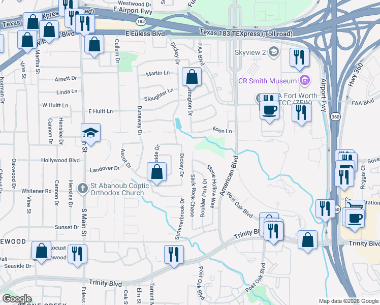 map of restaurants, bars, coffee shops, grocery stores, and more near 613 Dickey Drive in Euless