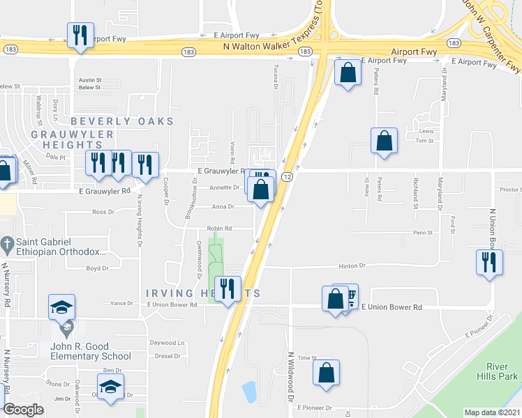 map of restaurants, bars, coffee shops, grocery stores, and more near 1421 North Loop 12 in Irving