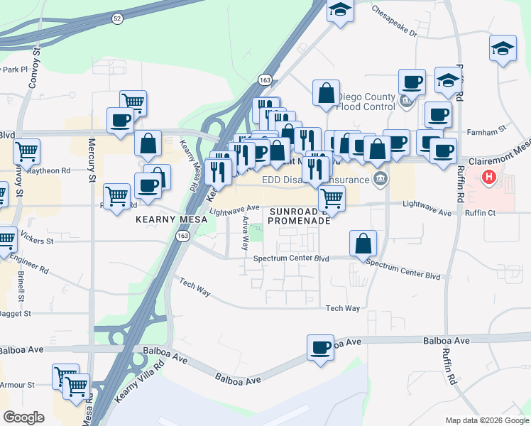 map of restaurants, bars, coffee shops, grocery stores, and more near 8793 Lightwave Avenue in San Diego