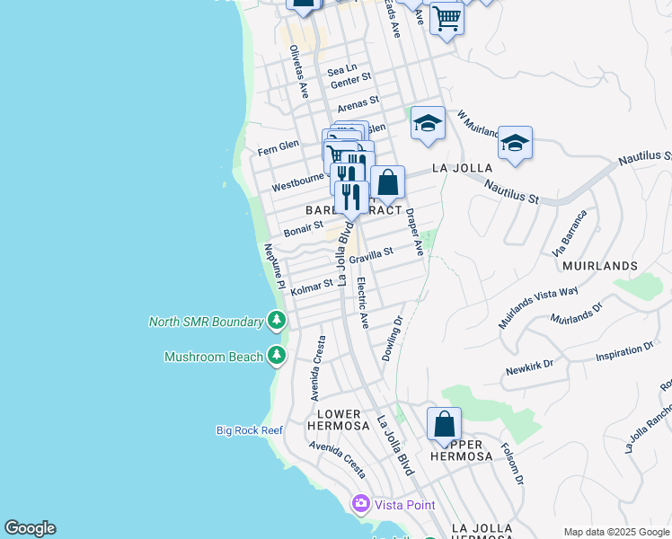 map of restaurants, bars, coffee shops, grocery stores, and more near 6664 La Jolla Boulevard in San Diego