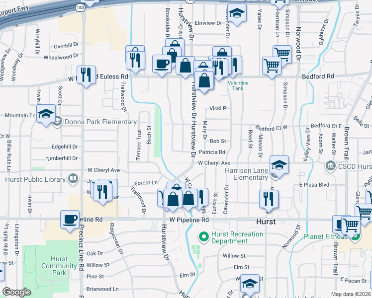 map of restaurants, bars, coffee shops, grocery stores, and more near 1116 Karla Drive in Hurst