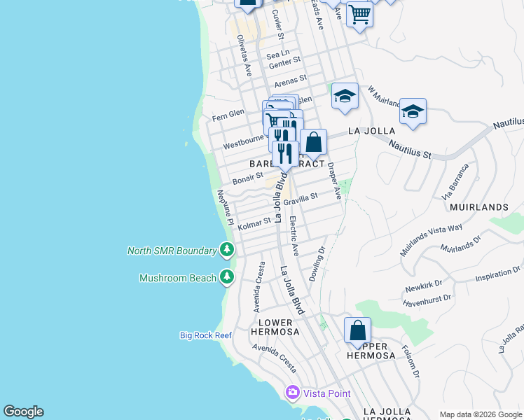 map of restaurants, bars, coffee shops, grocery stores, and more near 362 Gravilla Street in San Diego