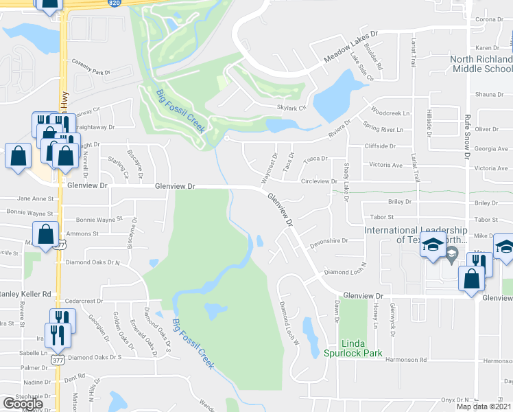 map of restaurants, bars, coffee shops, grocery stores, and more near 6100 Glenview Drive in Haltom City