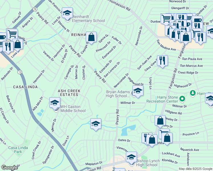 map of restaurants, bars, coffee shops, grocery stores, and more near 1945 Peavy Road in Dallas
