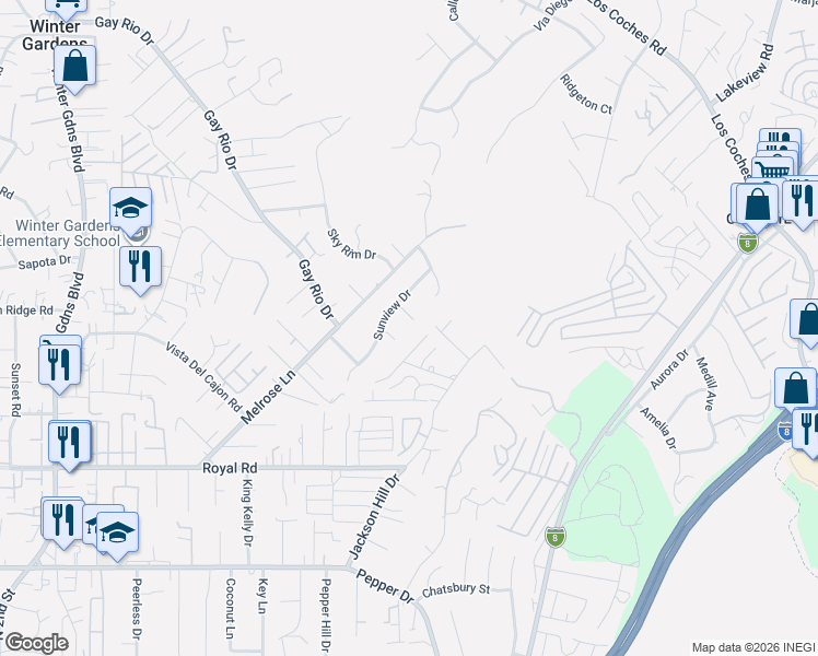 map of restaurants, bars, coffee shops, grocery stores, and more near 12529 Hay Court in El Cajon