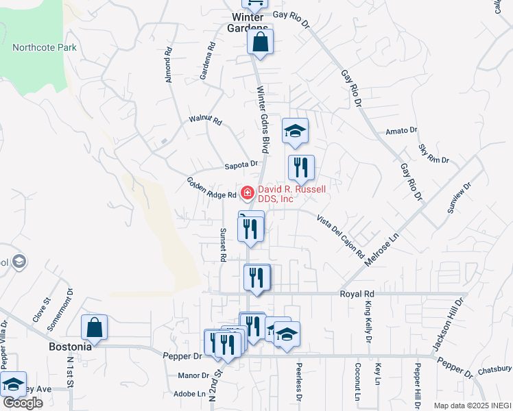 map of restaurants, bars, coffee shops, grocery stores, and more near 8327 Winter Gardens Boulevard in Lakeside