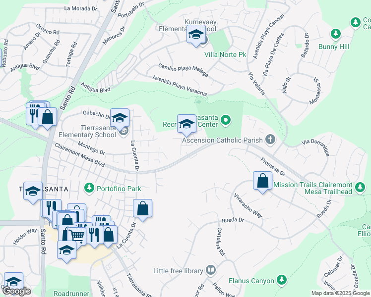 map of restaurants, bars, coffee shops, grocery stores, and more near 11010 Clairemont Mesa Boulevard in San Diego