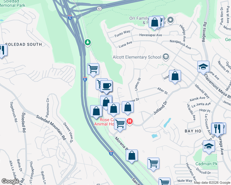 map of restaurants, bars, coffee shops, grocery stores, and more near 2722 Ariane Drive in San Diego
