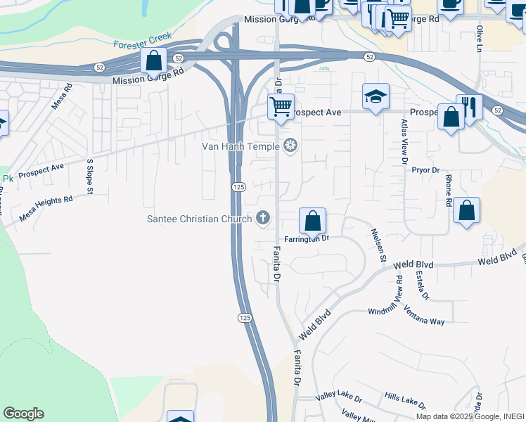 map of restaurants, bars, coffee shops, grocery stores, and more near 8420 Fanita Drive in Santee