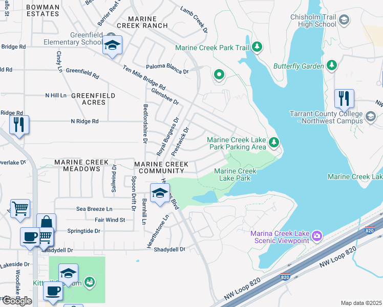 map of restaurants, bars, coffee shops, grocery stores, and more near 5401 Driftway Drive in Fort Worth
