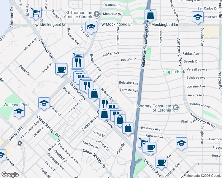 map of restaurants, bars, coffee shops, grocery stores, and more near 3719 Miles Street in Dallas
