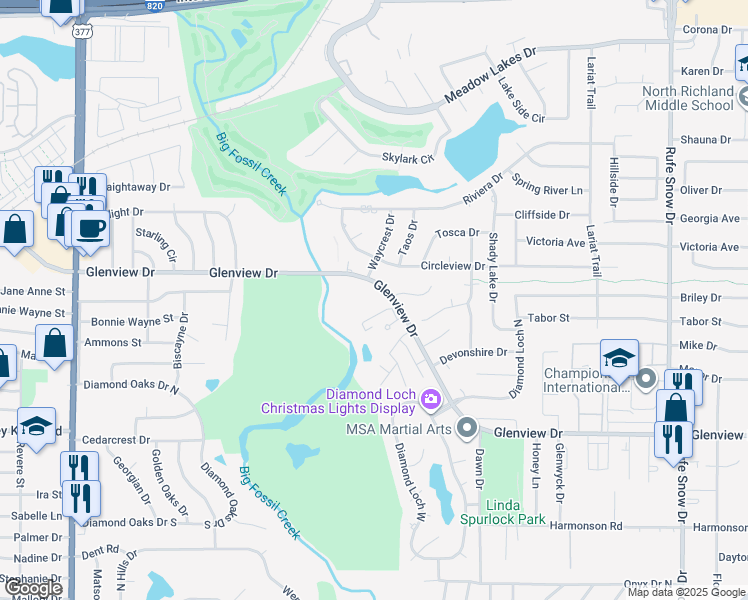 map of restaurants, bars, coffee shops, grocery stores, and more near 6120 Glenview Drive in North Richland Hills