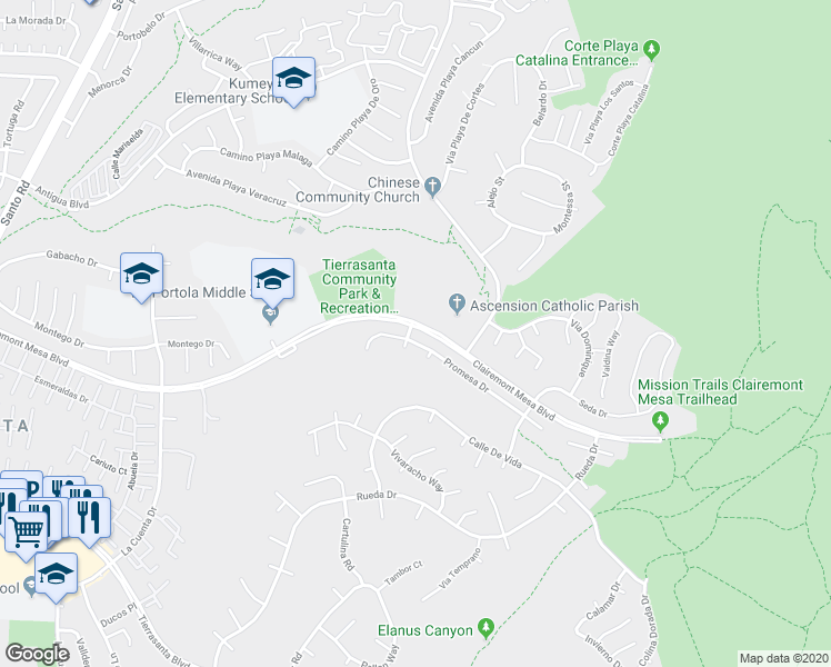 map of restaurants, bars, coffee shops, grocery stores, and more near 11002 Promesa Drive in San Diego