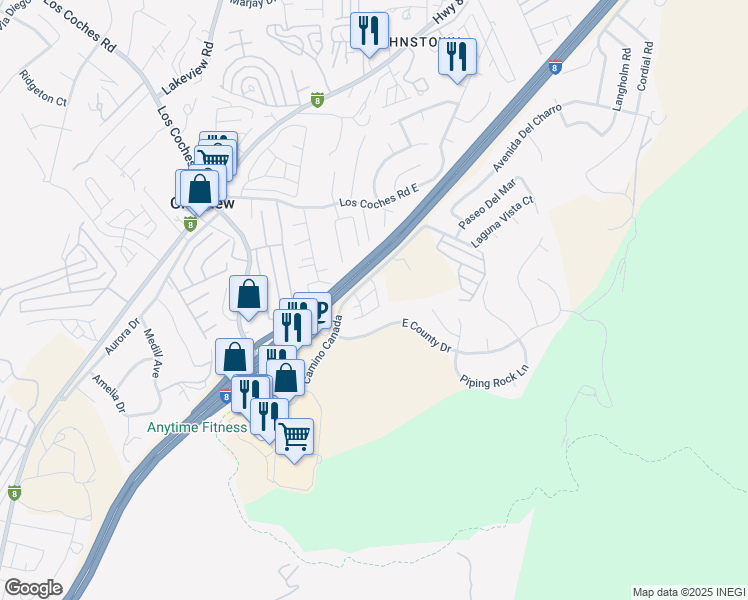 map of restaurants, bars, coffee shops, grocery stores, and more near 13865 Camino Canada in El Cajon