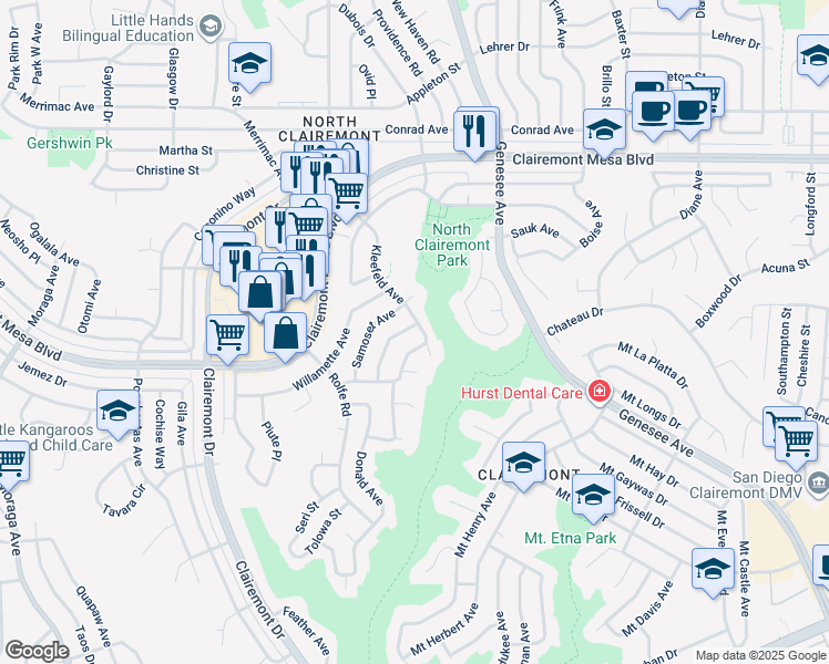 map of restaurants, bars, coffee shops, grocery stores, and more near 4397 Tecumseh Way in San Diego