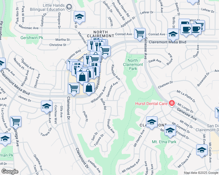map of restaurants, bars, coffee shops, grocery stores, and more near 4325 Samoset Avenue in San Diego