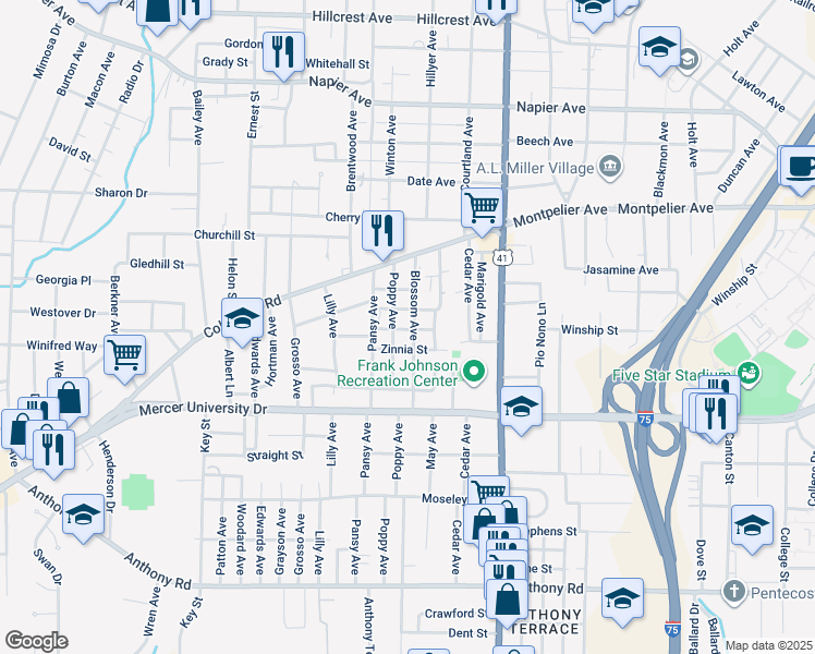 map of restaurants, bars, coffee shops, grocery stores, and more near 275 Poppy Avenue in Macon