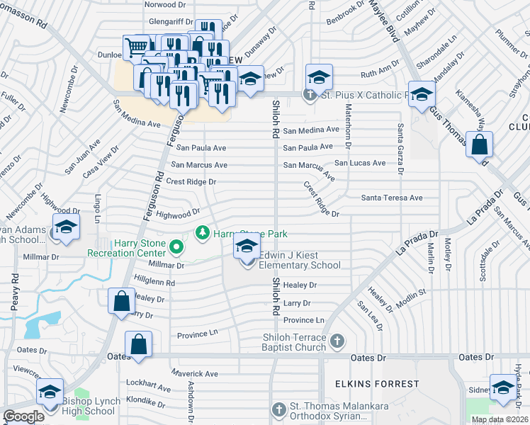 map of restaurants, bars, coffee shops, grocery stores, and more near 2633 Materhorn Drive in Dallas