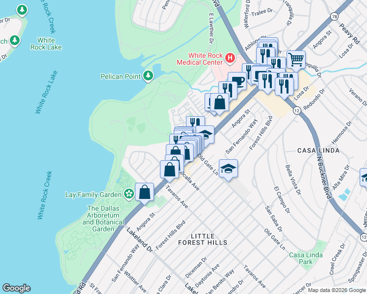map of restaurants, bars, coffee shops, grocery stores, and more near 13 Corsair Place in Dallas