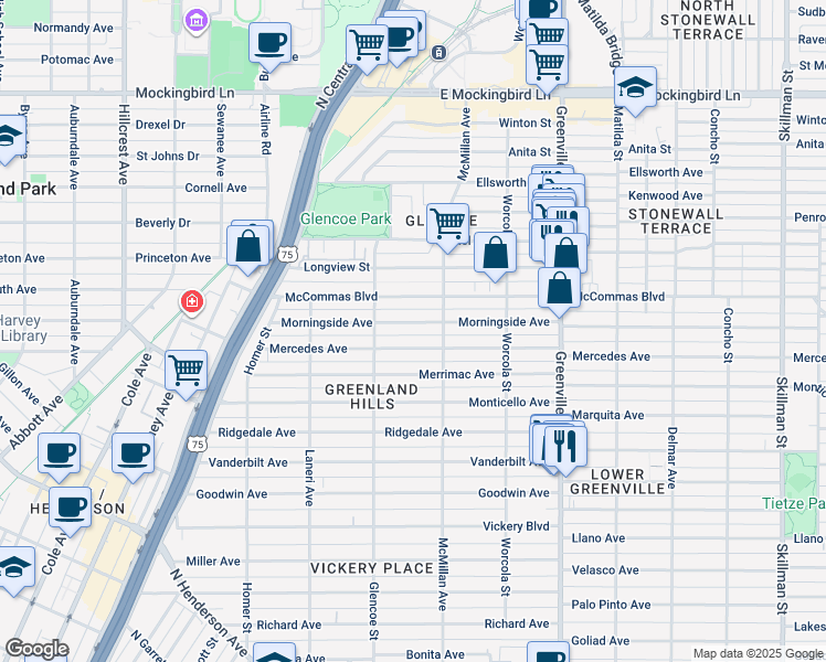 map of restaurants, bars, coffee shops, grocery stores, and more near 5438 Morningside Avenue in Dallas