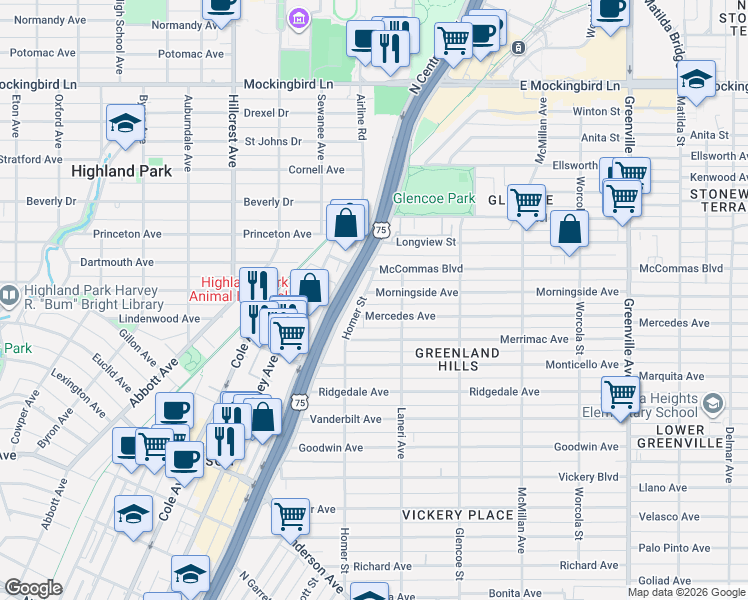 map of restaurants, bars, coffee shops, grocery stores, and more near 3323 Homer Street in Dallas